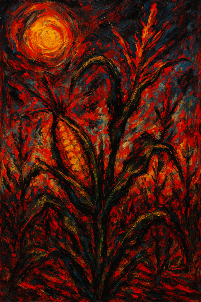 Neo-expressionist digital painting of a maize field under a glowing sun, rendered in intense red, orange, black, and blue strokes.
