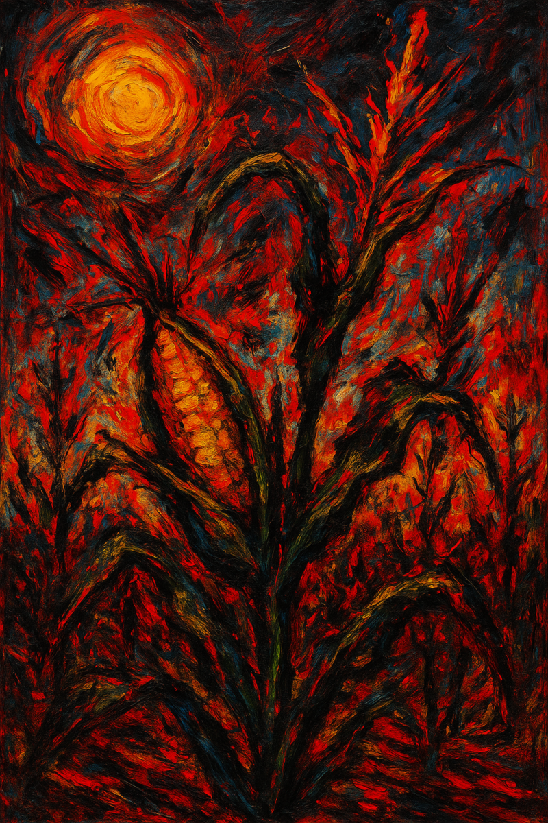 Neo-expressionist digital painting of a maize field under a glowing sun, rendered in intense red, orange, black, and blue strokes.