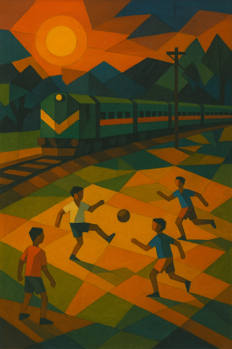 Geometric digital painting of children playing football beside a passing green train at sunset in a rural landscape.