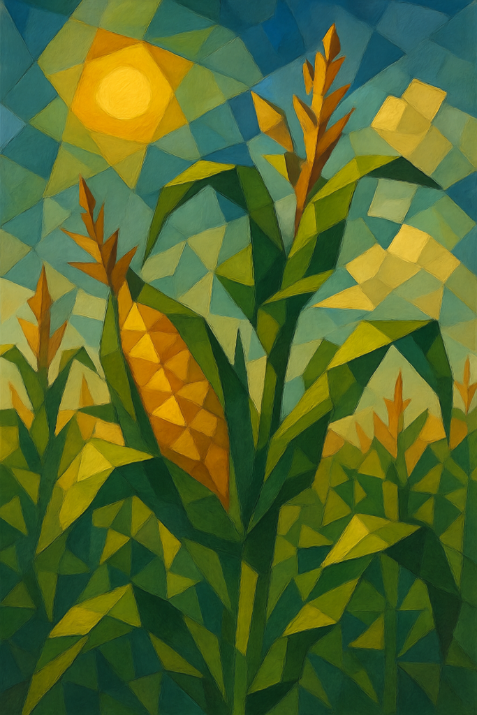 Cubist-inspired digital painting of maize plants beneath a bright sun, built from interlocking geometric shapes in green, gold, and blue.