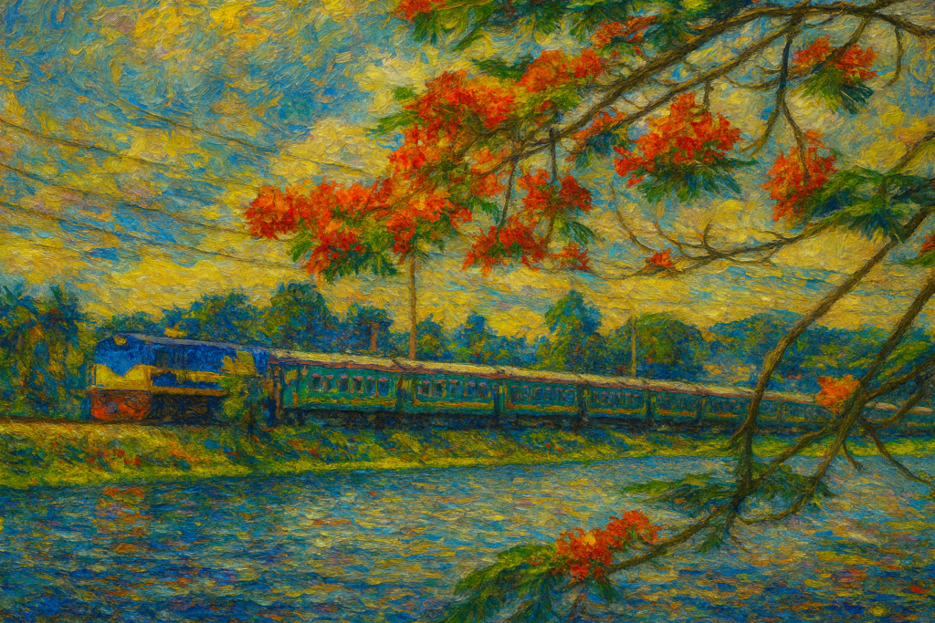 Digital painting of a passenger train passing beneath vivid red krishnachura blossoms beside water under a textured golden-blue sky