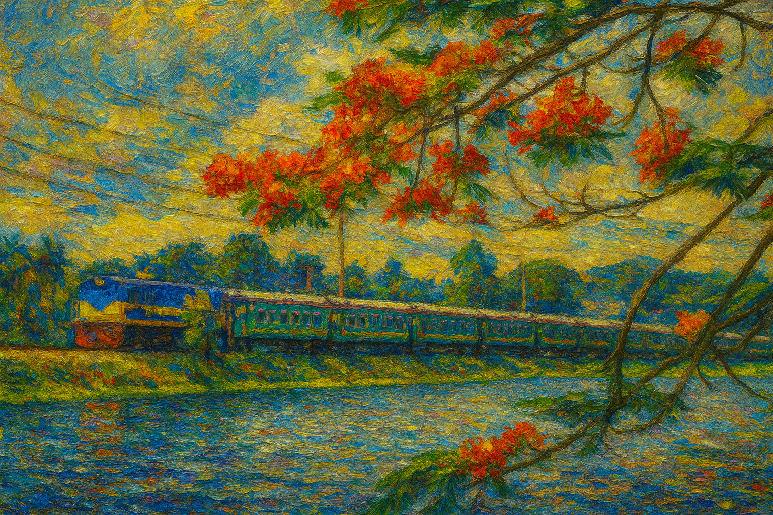 Digital painting of a passenger train passing beneath vivid red krishnachura blossoms beside water under a textured golden-blue sky