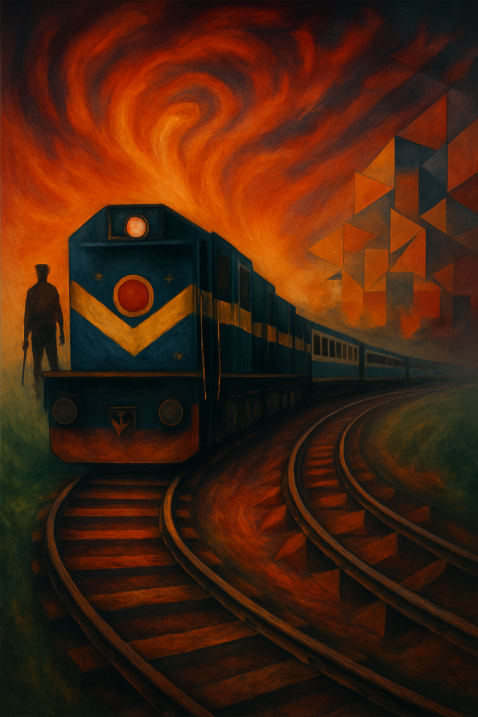 Dark expressionistic digital painting of a blue passenger train curving through an intense orange-red landscape beneath a turbulent sky.