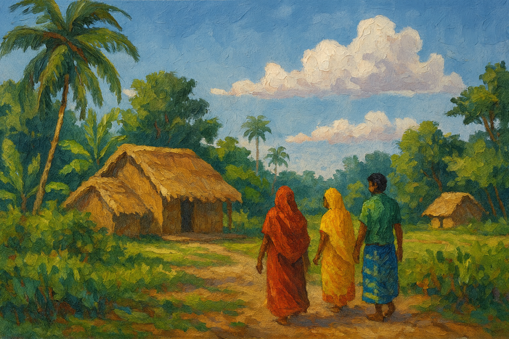 Textured digital painting of three figures walking toward thatched village homes beneath palm trees and a broad tropical sky.
