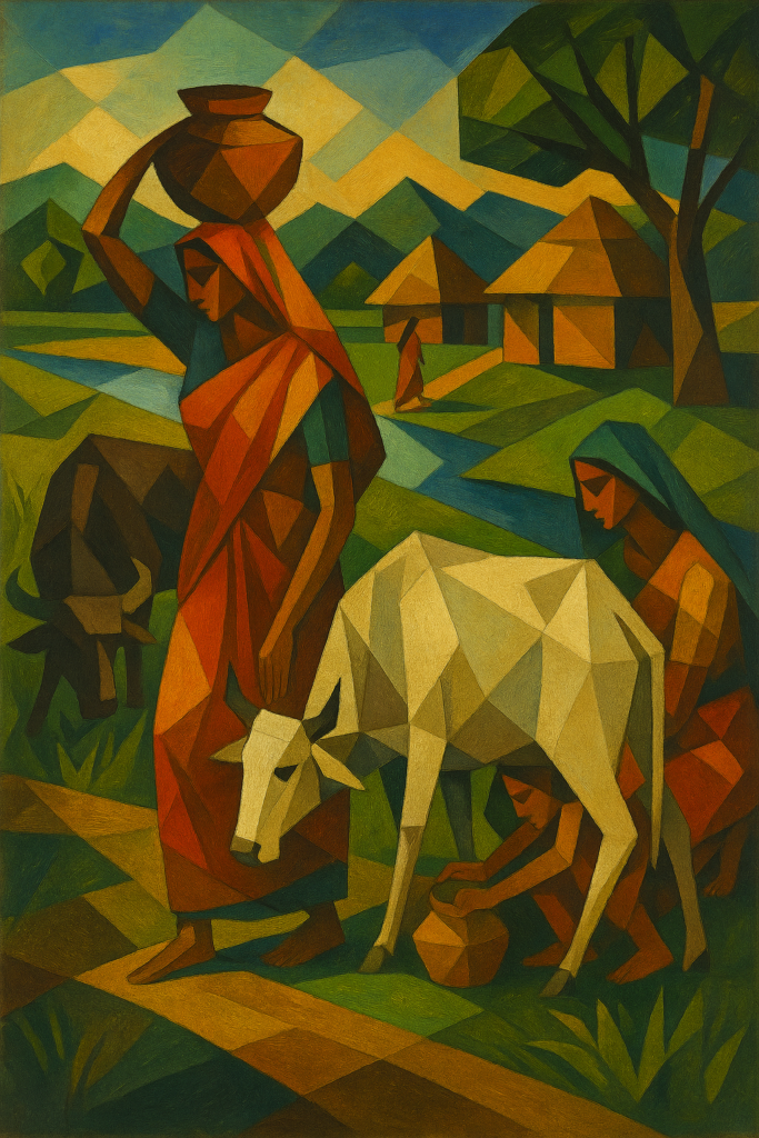 Cubist-inspired digital painting of rural village life with women, a white cow, thatched houses, trees, and a winding stream.