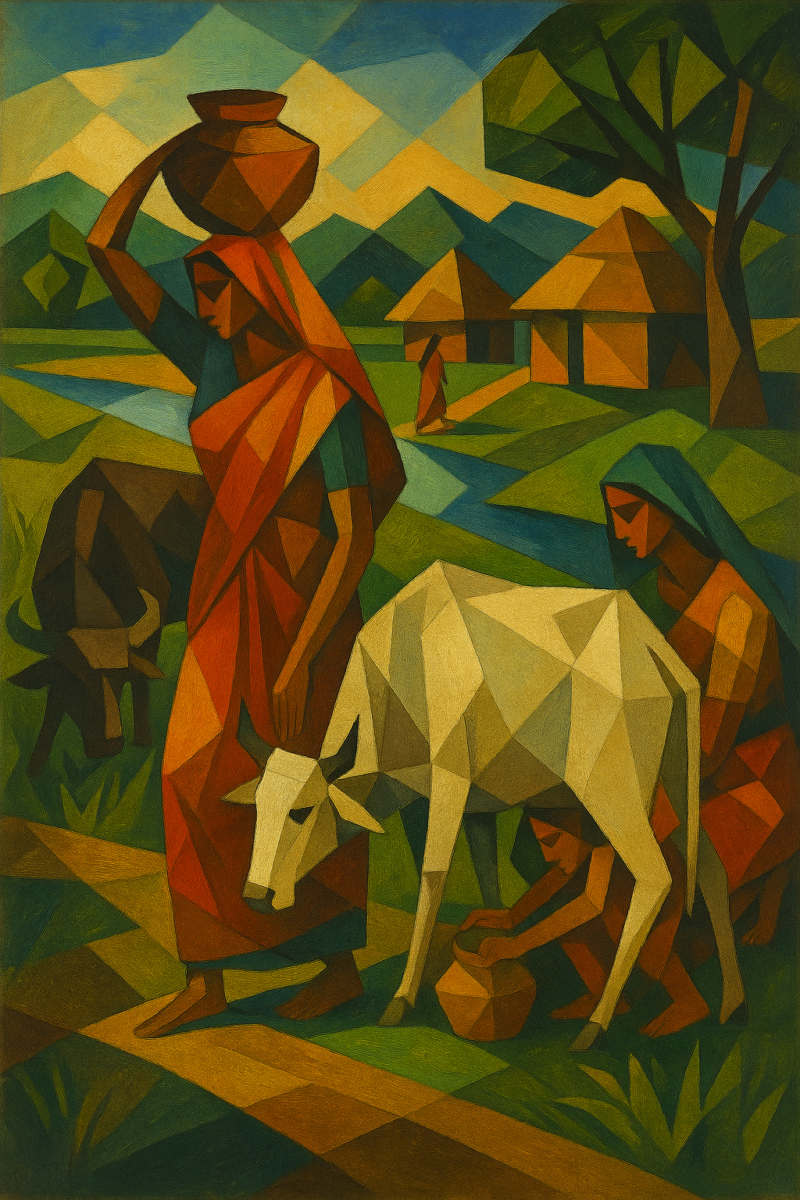 Cubist-inspired digital painting of rural village life with women, a white cow, thatched houses, trees, and a winding stream.